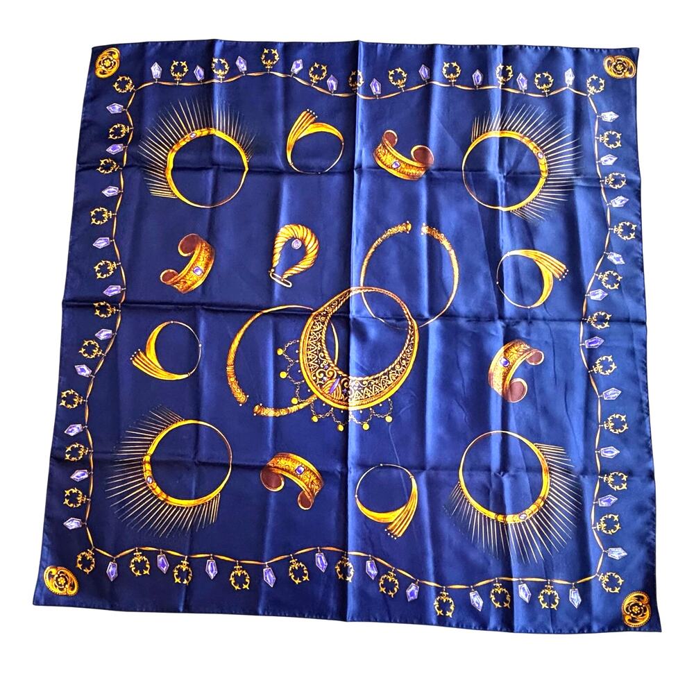 Royal blue & gold silky large square scarf tiaras jewelry gems motif rich luxury